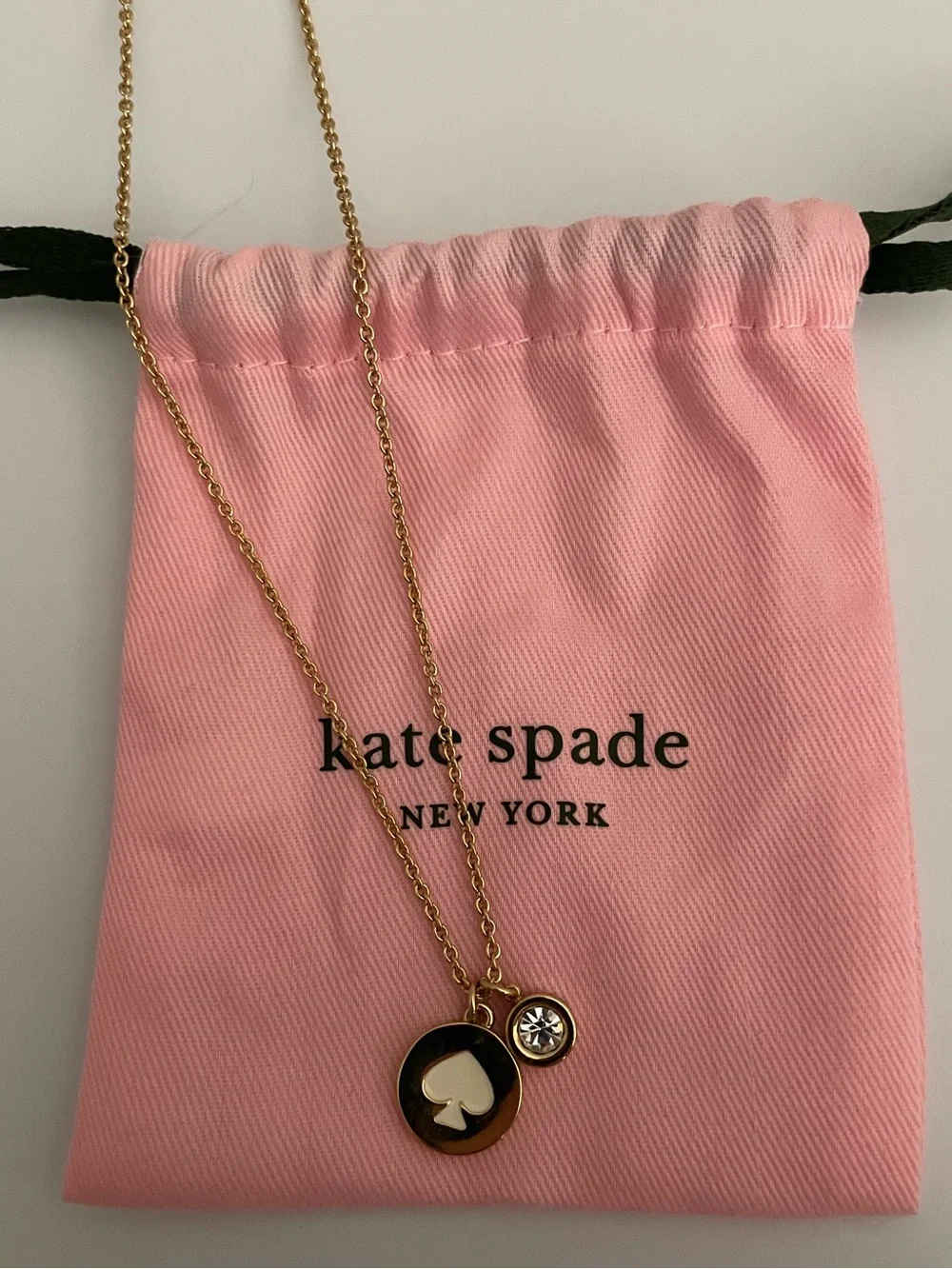 Kate Spade ♠️ Gold Circular Spade Pendant Necklace with Crystal Drtail
